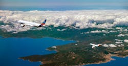 The ECLIF3 study of inflight emissions using SAF, with Airbus A350 jet and a DLR Falcon chaser aircraft. The ECLIF3 study of inflight emissions using SAF, with Airbus A350 jet and a DLR Falcon chaser aircraft.