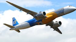 Embraer E195-E2 aircraft powered by a P&amp;W geared turbofan engine.