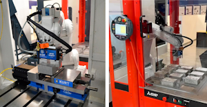A Mitsubishi LoadMate Plus, Kurt 3600A Pneumatic Vise and Kurt RV36 Robotic Gripper working in tandem with a Tongtai VP-10 mass-production high-speed vertical machining center.