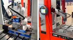 A Mitsubishi LoadMate Plus, Kurt 3600A Pneumatic Vise and Kurt RV36 Robotic Gripper working in tandem with a Tongtai VP-10 mass-production high-speed vertical machining center.