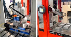 A Mitsubishi LoadMate Plus, Kurt 3600A Pneumatic Vise and Kurt RV36 Robotic Gripper working in tandem with a Tongtai VP-10 mass-production high-speed vertical machining center. A Mitsubishi LoadMate Plus, Kurt 3600A Pneumatic Vise and Kurt RV36 Robotic Gripper working in tandem with a Tongtai VP-10 mass-production high-speed vertical machining center.