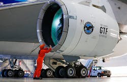 Pratt & Whitney GTF Advantage engine on an Airbus A320neo jet. Pratt & Whitney GTF Advantage engine on an Airbus A320neo jet.