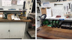 A work desk shown before and after the first step - and second steps