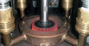 In the induction-hardening process, the gear is surrounded by a coil. The coil is energized, thus creating alternating magnetic fields. These fields in turn generate eddy currents that heat the gear.