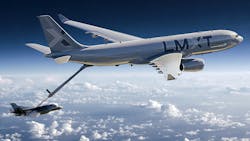 Illustration of the A330-based LMXT strategic tanker aircraft, shown refueling an F-35 fighter jet. Illustration of the A330-based LMXT strategic tanker aircraft, shown refueling an F-35 fighter jet.