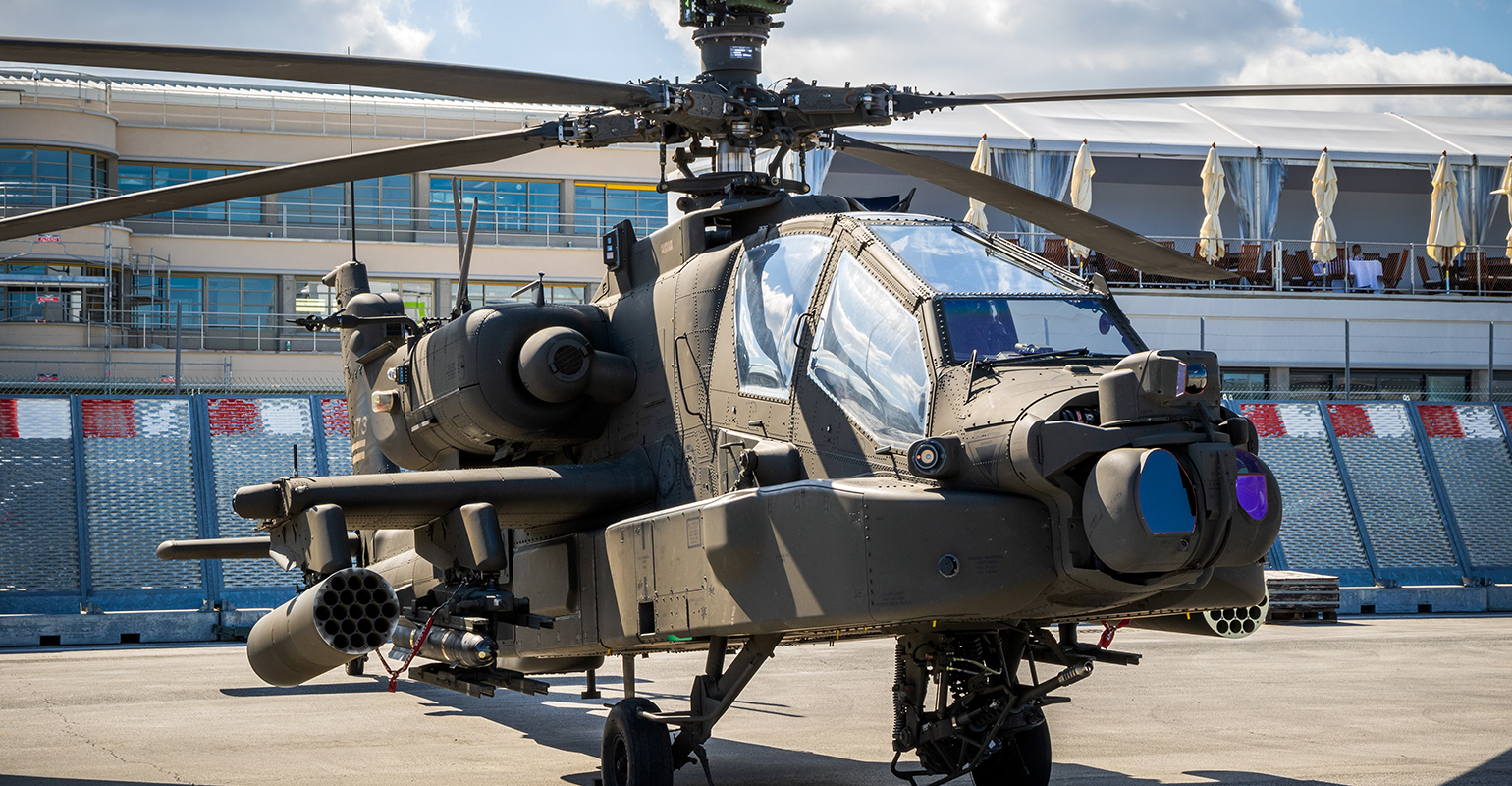 Boeing AH-64E Apache Guardian attack helicopter on display at the 2019 Paris Air Show.