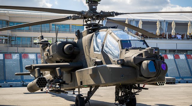 Boeing AH-64E Apache Guardian attack helicopter on display at the 2019 Paris Air Show.