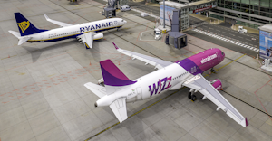 WizzAir Airbus A320 and RyanAir Boeing 737 in front of Wroclaw Airport, Poland.