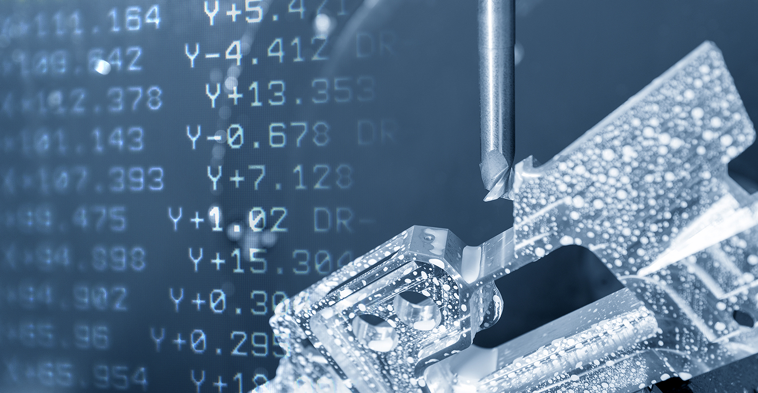 Abstract scene of 5-axis CNC machine and the G-code.