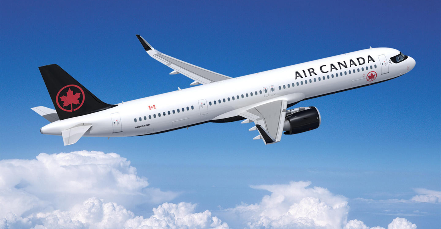 An illustration of the Airbus A321XLR jet in Air Canada livery.