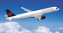 An illustration of the Airbus A321XLR jet in Air Canada livery. An illustration of the Airbus A321XLR jet in Air Canada livery.