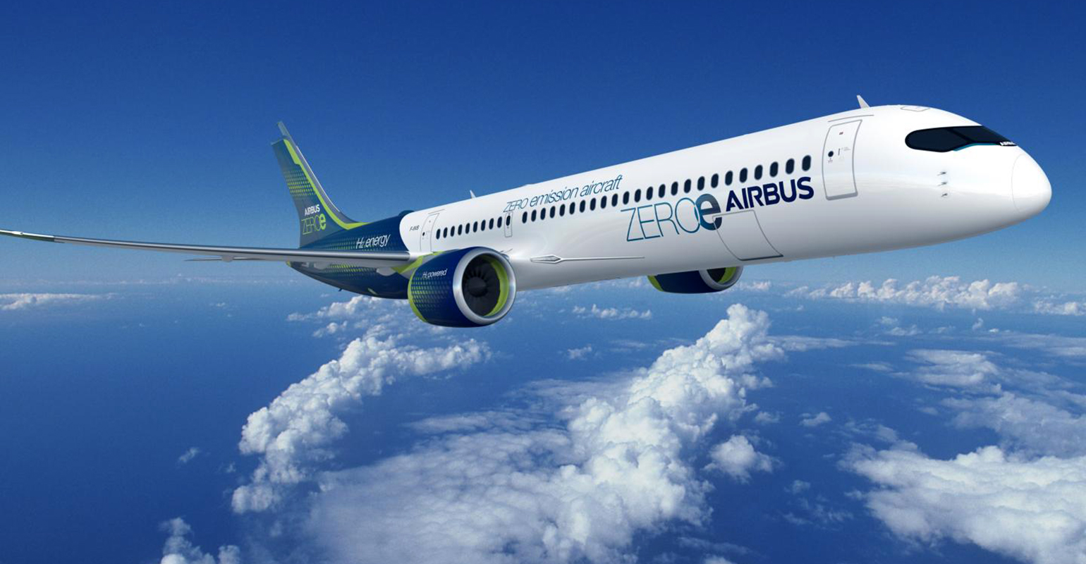 The Airbus ZEROe turbofan concept aircraft is proposed with two hybrid-hydrogen turbofan engines to provide thrust. The liquid hydrogen storage and distribution system is located behind the rear pressure bulkhead.