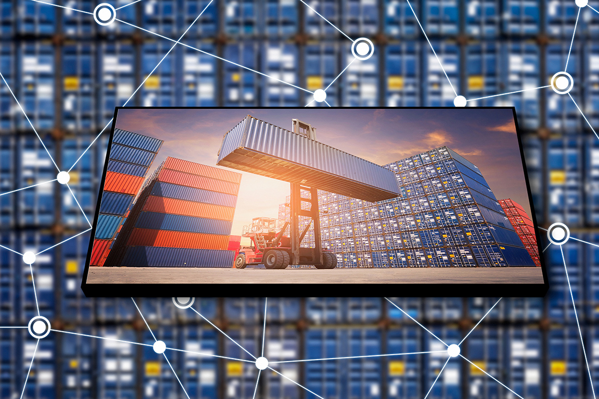 Cargo container logistic business with internet of things technology for global business connection to worldwide shipping.