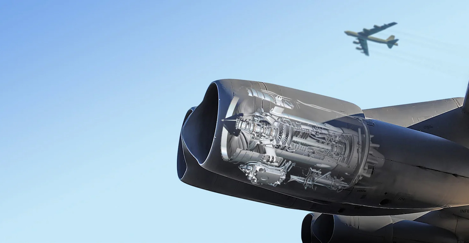 A cutaway illustration showing the Rolls-Royce F130 engine installed in a nacelle and suspended by pylons for a B-52 bomber.