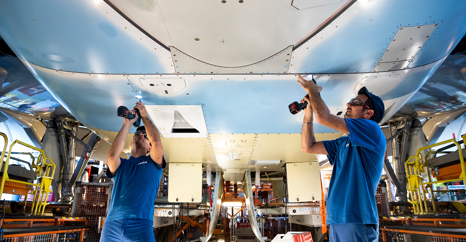 Airbus workers at A320 assembly line in 2019.