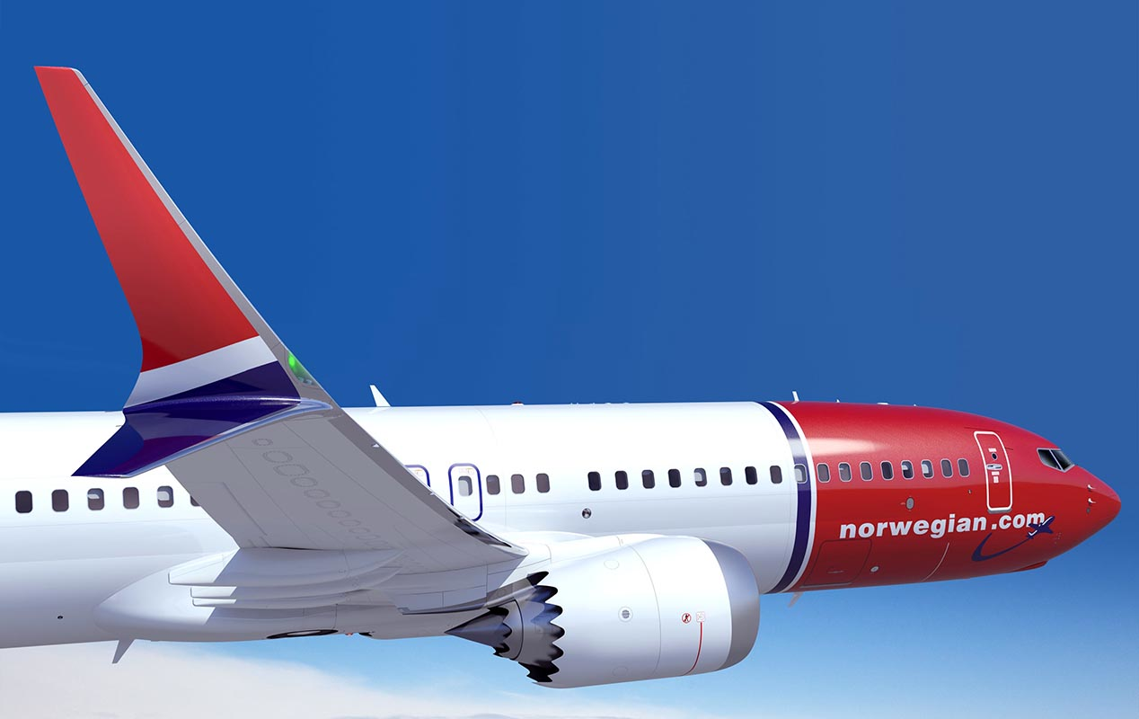 A Boeing 737 MAX in Norwegian Air livery.
