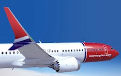 A Boeing 737 MAX in Norwegian Air livery. A Boeing 737 MAX in Norwegian Air livery.