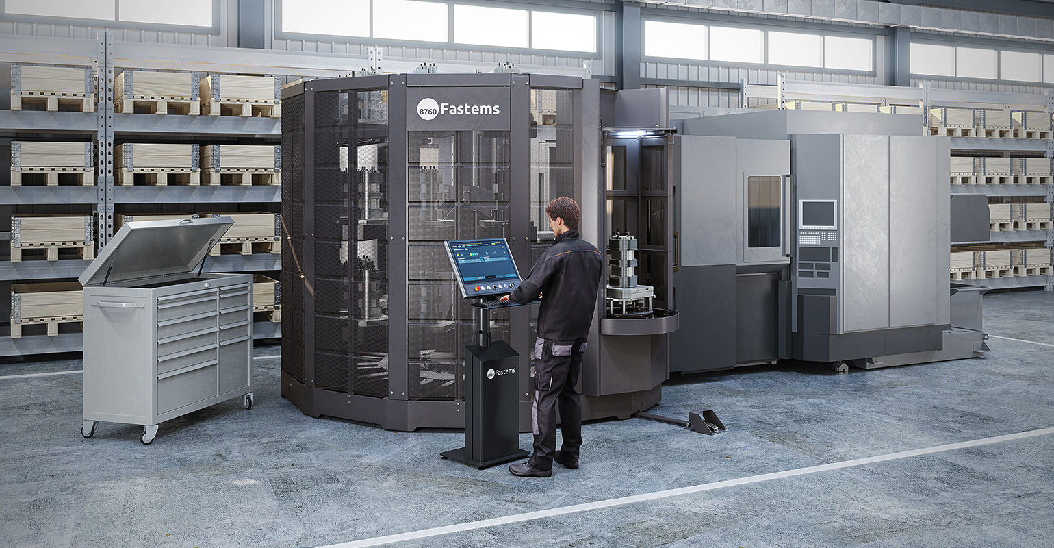 Fastems' Flexible Pallet Tower FPT, a compact automation solution for APC and no-APC four and five-axis machining centers.