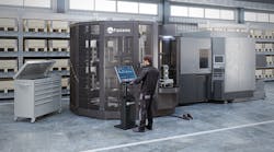 Fastems&apos; Flexible Pallet Tower FPT, a compact automation solution for APC and no-APC four and five-axis machining centers.