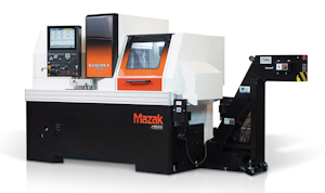 Mazak's SYNCREX series Swiss-style machines for higher-volume production of small precision machined parts. SYNCREX machines come in four bar capacities ranging from 20-38 mm, seven, eight, or nine-axis configurations.