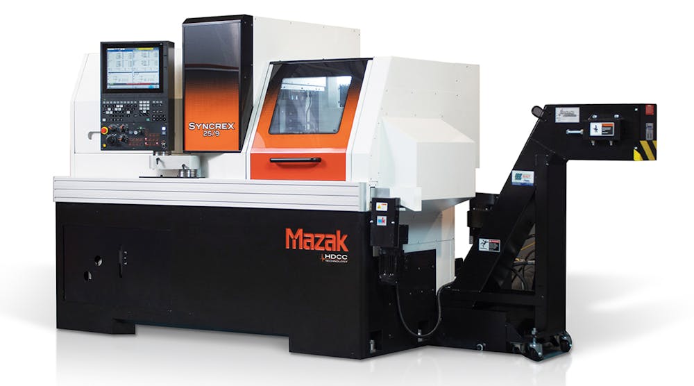 Mazak&apos;s SYNCREX series Swiss-style machines for higher-volume production of small precision machined parts. SYNCREX machines come in four bar capacities ranging from 20-38 mm, seven, eight, or nine-axis configurations.