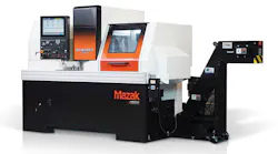 Mazak's SYNCREX series Swiss-style machines for higher-volume production of small precision machined parts. SYNCREX machines come in four bar capacities ranging from 20-38 mm, seven, eight, or nine-axis configurations.
