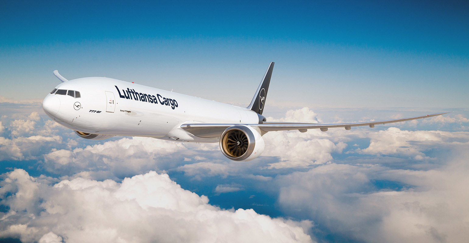 The new Boeing 777-8 Freighter aircraft, in Lufthansa livery.