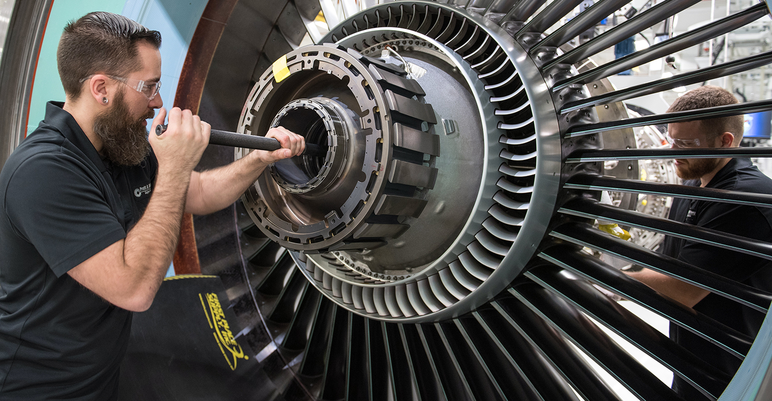Turbofan engine assembly at Pratt & Whitney&rsquo;s Middletown, Conn., engine plant.