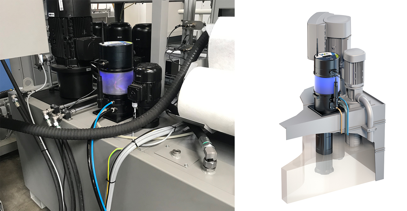 (Left) Will-Fill ION system on a CNC milling machine; (Right) Will-Fill system in a coolant tank.