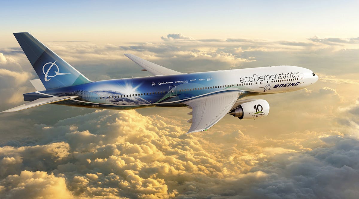 The Boeing 2022 ecoDemonstrator will test 30 technologies to enhance safety and sustainability. Shown here, the 2022 ecoDemonstrator &ndash; a Boeing-owned 777-200 ER (Extended Range) &mdash; after its livery was painted in San Bernardino, Calif., in June.