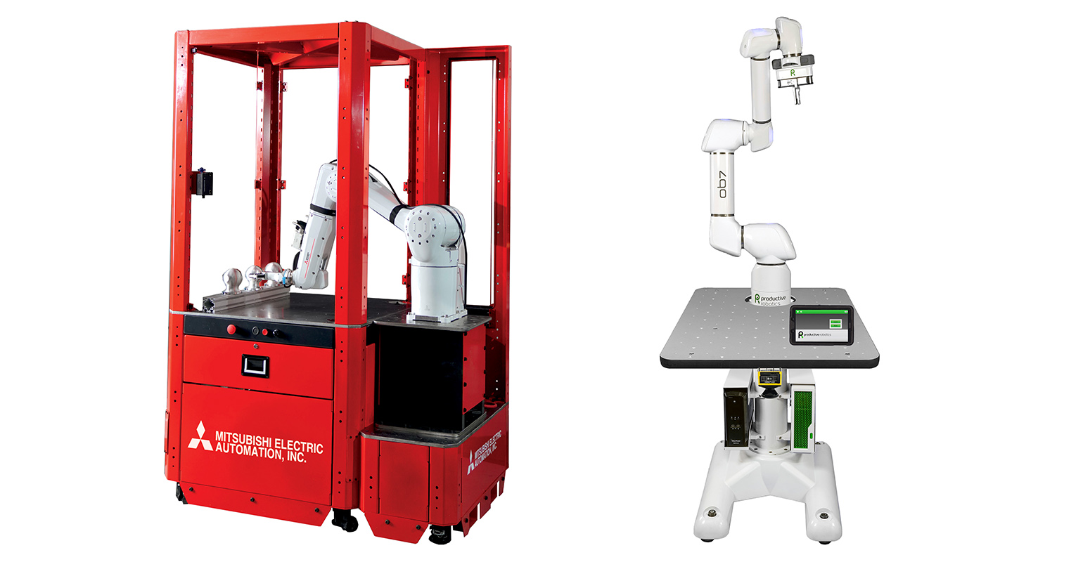(Left) LoadMate Plus&trade; machine tending robotic cell; (right) Productive Robotics&rsquo; OB7 cobot.