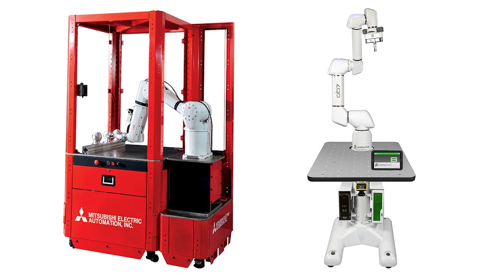 (Left) LoadMate Plus&trade; machine tending robotic cell; (right) Productive Robotics&rsquo; OB7 cobot.