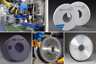 Top (L to R) APS robotic automation cell and Norton Quantum Prime grinding wheels. Bottom (L to R) Norton Xtrimium worm grinding wheel, Norton Winter Paradigm wheel and Norton Winter Vitron7 wheel.