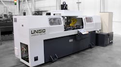 The UNISIG UNE6-2i has two independent, high-speed spindles for production of 10-in. or 30-in. maximum part lengths and available integrated automation onboard.