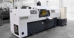 The UNISIG UNE6-2i has two independent, high-speed spindles for production of 10-in. or 30-in. maximum part lengths and available integrated automation onboard. The UNISIG UNE6-2i has two independent, high-speed spindles for production of 10-in. or 30-in. maximum part lengths and available integrated automation onboard.