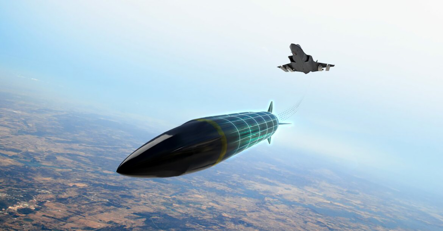 Concept image of a stand-in attack weapon fired from an F-35 jet.
