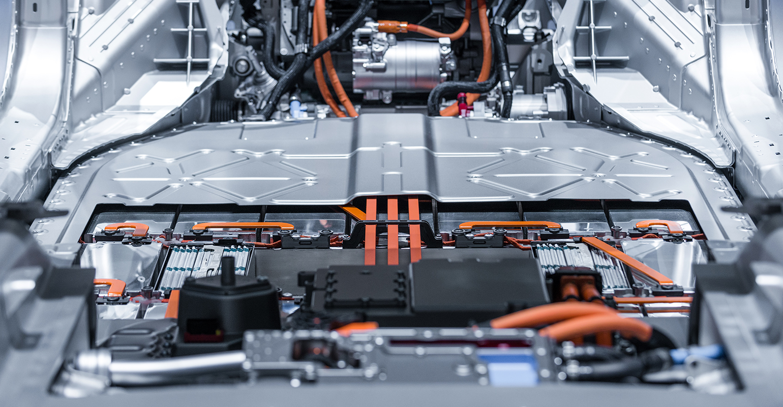 Electric car, lithium-ion battery pack and power connections.