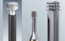 The expanded EMUGE SELF-LOCK Line includes EMUGE ZGF-S-Cut Thread Mills (middle and right) and High Ramp Precision Thread Gages (left inset.) The expanded EMUGE SELF-LOCK Line includes EMUGE ZGF-S-Cut Thread Mills (middle and right) and High Ramp Precision Thread Gages (left inset.)