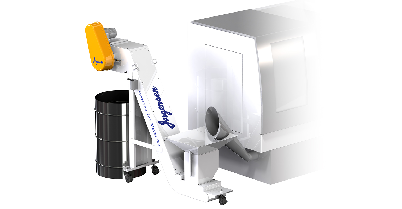 The Jorgensen Conveyor and Filtration Solutions Auger Assist Conveyor with a 48-in. discharge height allows use of larger collection bins and eliminates the need for frequent hopper unloads on auger-driven machine tools.