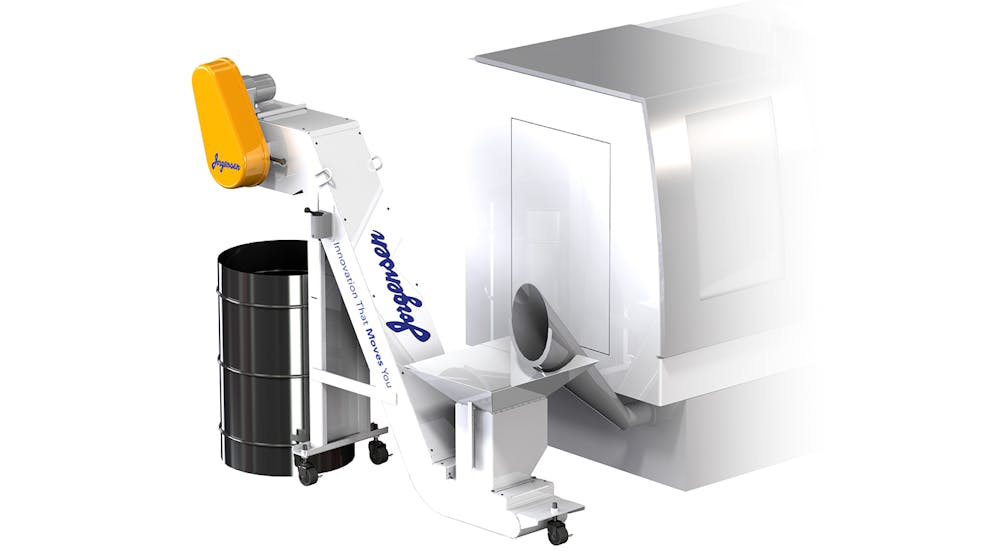 The Jorgensen Conveyor and Filtration Solutions Auger Assist Conveyor with a 48-in. discharge height allows use of larger collection bins and eliminates the need for frequent hopper unloads on auger-driven machine tools.