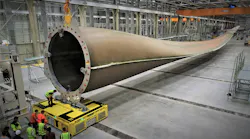 A 107-meter wind turbine blade in production by LM Wind Power at Cherbourg, France.