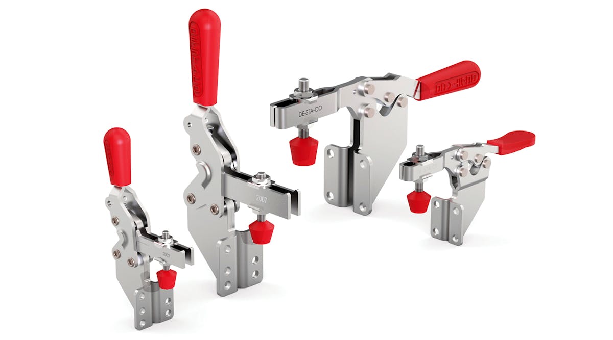Four new designs for horizontal and vertical toggle-lock manual clamps.