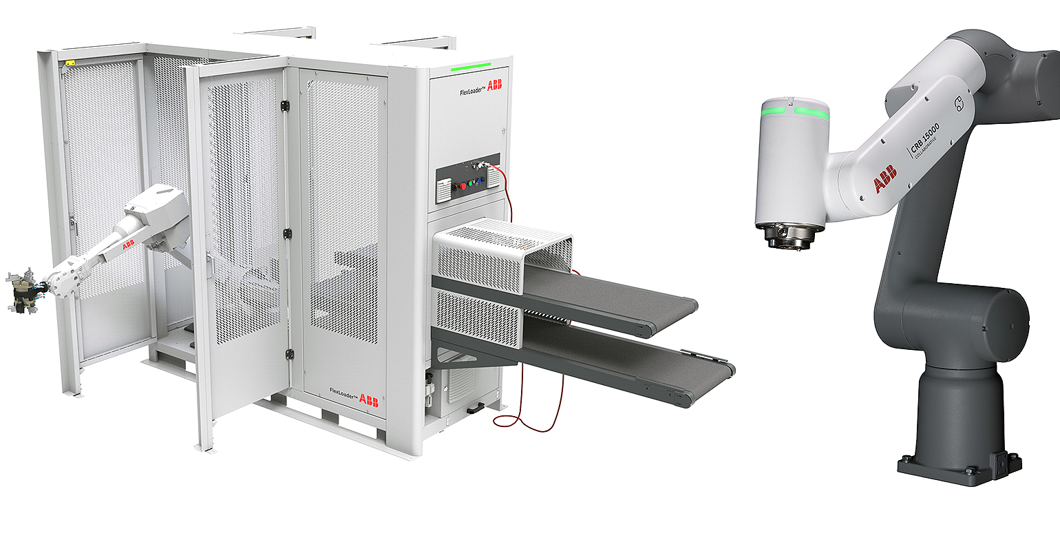 ABB Robotics FlexLoader machine-tending (left); GoFa cobot equipped for welding (right.)