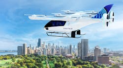 A concept illustration of the Eve Air Mobility eVTOL aircraft in commuter service in Chicago.