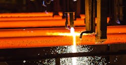 Hot steel billet/bloom continuous casting, torch cutting. Hot steel billet/bloom continuous casting, torch cutting.