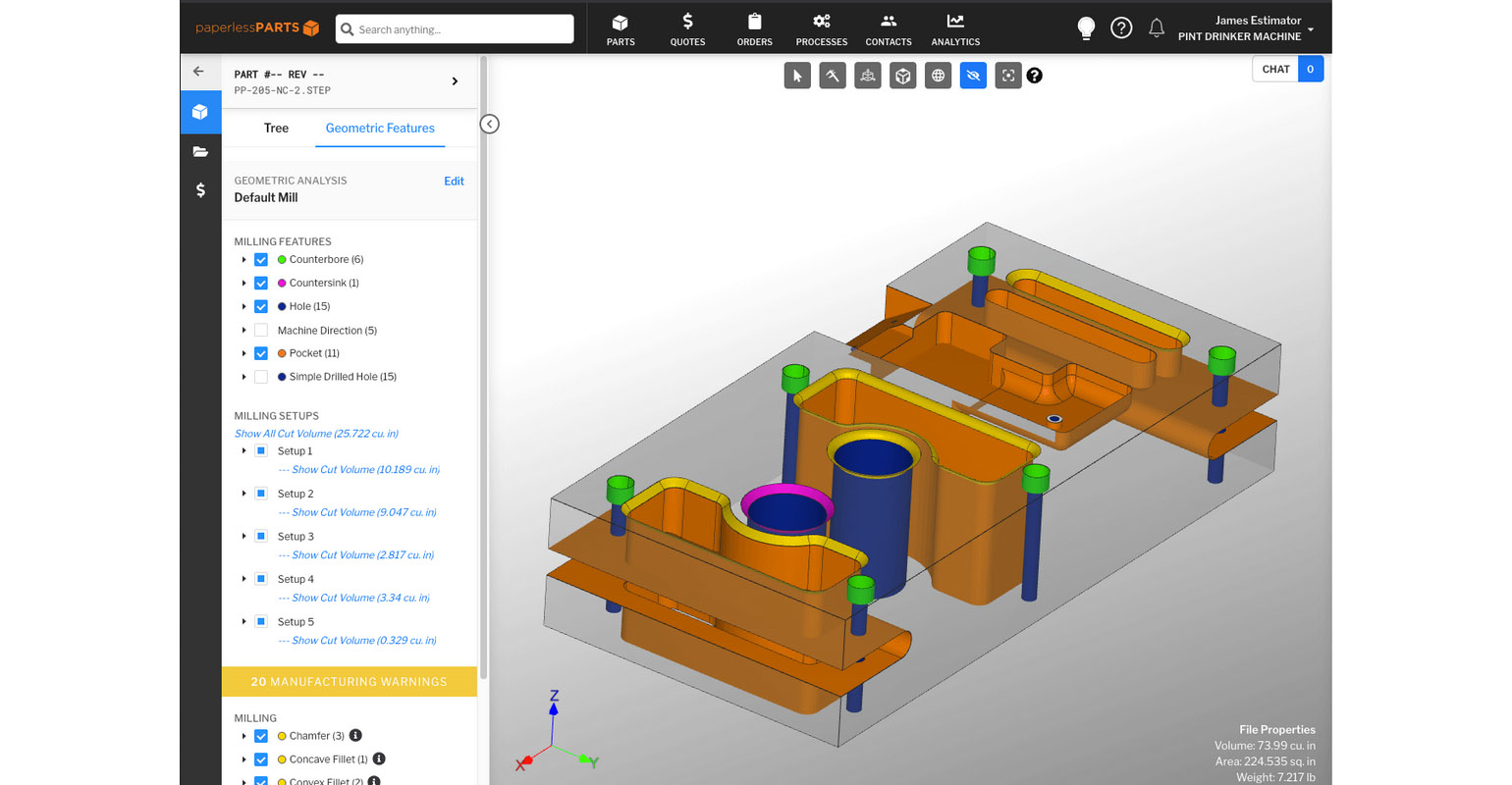 Paperless Parts: Milling feature detection screen.