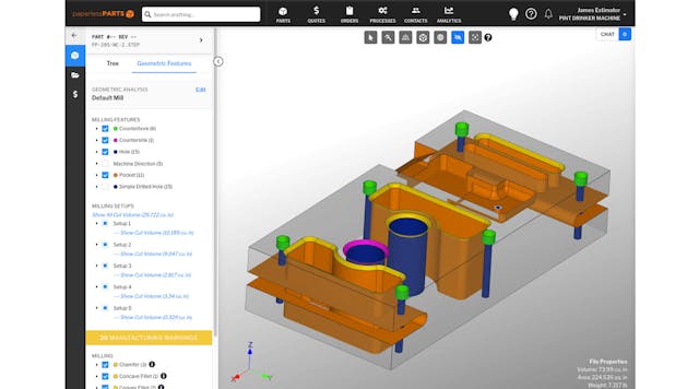 Paperless Parts: Milling feature detection screen.
