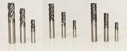 Greenleaf-360 high-performance end mills in (left to right) four-, five-, and seven-flute designs. Greenleaf-360 high-performance end mills in (left to right) four-, five-, and seven-flute designs.