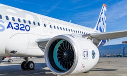 The Pratt & Whitney GTF Advantage test-mounted on an Airbus A320neo jet. The Pratt & Whitney GTF Advantage test-mounted on an Airbus A320neo jet.