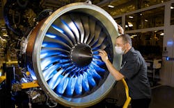 Maintenance on Pratt & Whitney Canada’s PW800 turbofan engine. Maintenance on Pratt & Whitney Canada’s PW800 turbofan engine.